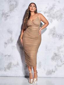 SHEIN BAE Plus Ruched Mesh Cami Dress - Khaki - View 5