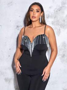 SHEIN BAE Plus Fringe Trim Cami Jumpsuit - Black - View 3