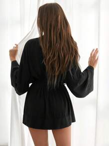 Solid Tie Front Lounge Robe - Black - View 5