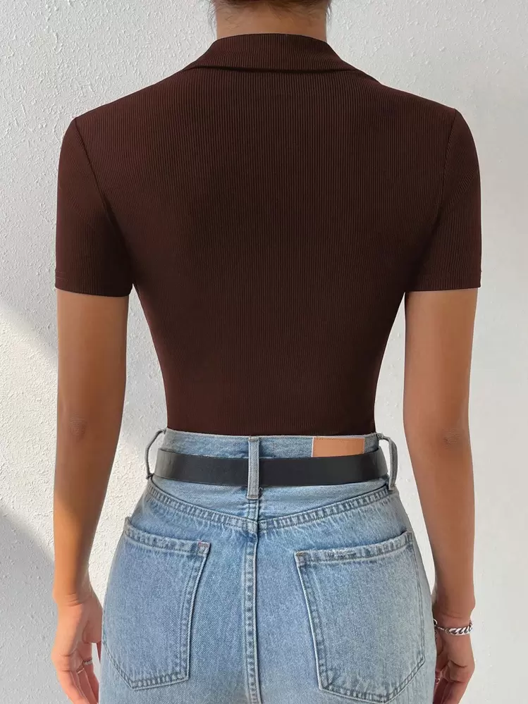 SHEIN EZwear Polo Neck Ribbed Knit Bodysuit - Brown - View 2