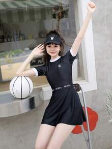 Letter Graphic Contrast Binding One Piece Swimsuit - Black - View 5