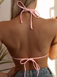 Swim Basics Summer Beach Halter Triangle Bikini Top - Baby Pink - View 2