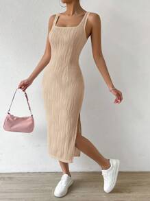 SHEIN EZwear 素色高衩背心連衣裙 - 杏色 - 查看 4