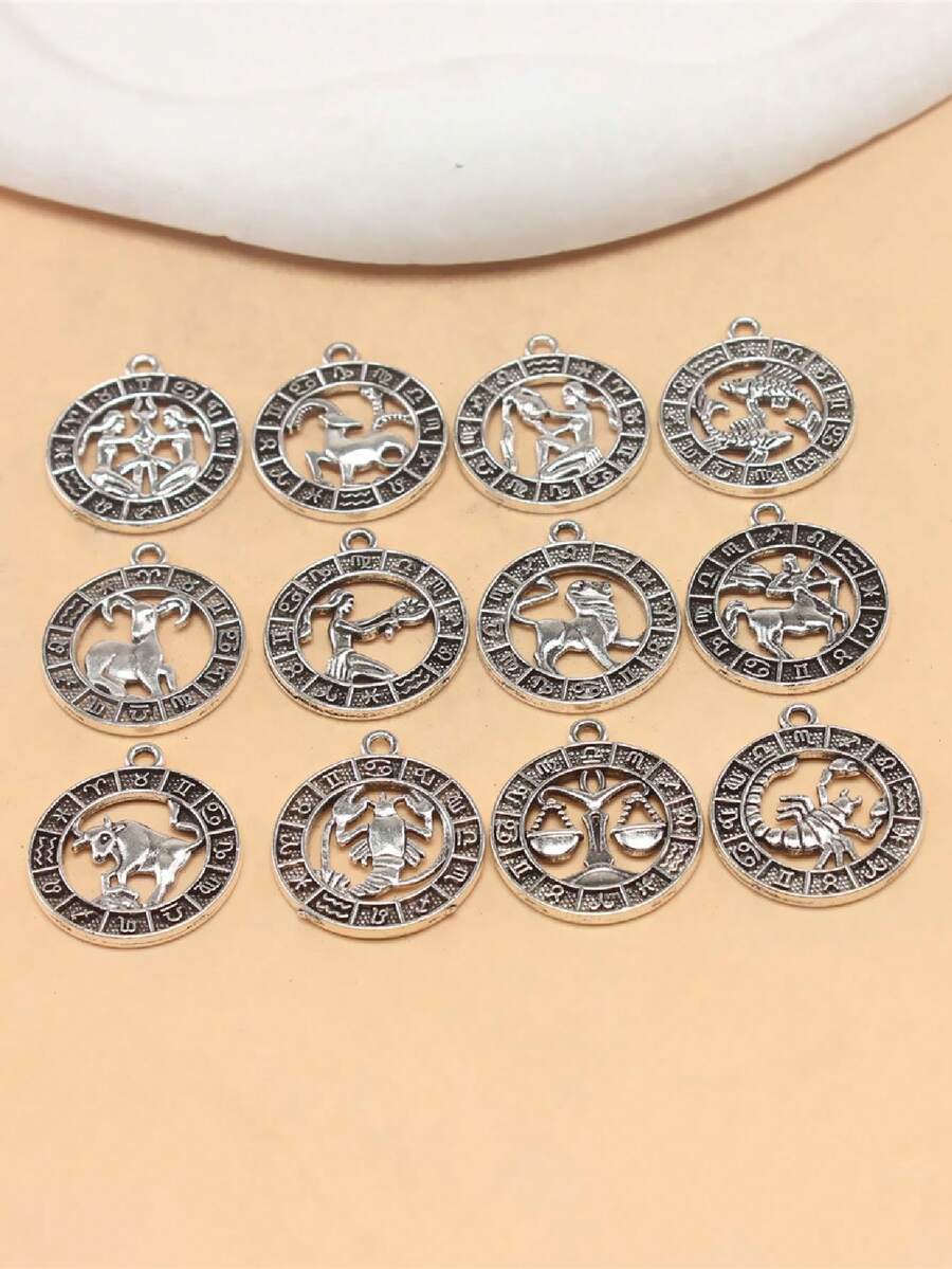 12 Cái/bộ Vintage Hợp Kim Kẽm 12 Chòm Sao Tự Làm Mặt Dây Chuyền Nữ Cho Tự Làm Trang Sức Làm - Bạc - Xem 1