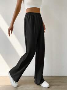 SHEIN EZwear 净色松紧腰阔腿裤 - 黑色 - 查看 4