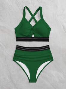 前扭結網紗拼接掛脖比基尼泳裝 - 墨綠色 - 查看 4