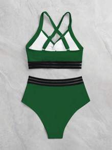 前扭結網紗拼接掛脖比基尼泳裝 - 墨綠色 - 查看 5