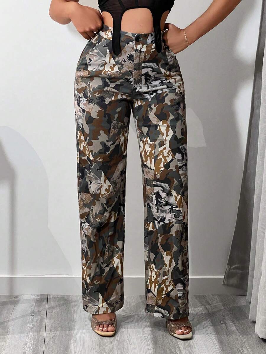 SHEIN SXY Quần nữ Nút Túi Dây kéo Ngụy trang Giải trí - Nhiều màu - Xem 1