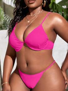 SHEIN Swim Curve Plus Solid Underwire Bikini Top - Pink - View 4