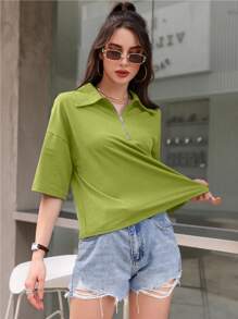 Mulvari Camiseta de hombros caídos con cremallera media - Verde - Ver 4