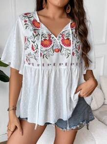 SHEIN Holidaya Plus Floral Print Tie Neck Butterfly Sleeve Peplum Blouse