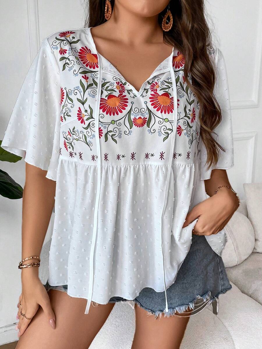 SHEIN Holidaya Plus Floral Print Tie Neck Butterfly Sleeve Peplum Blouse