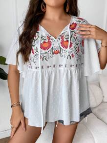 SHEIN Holidaya Plus Floral Print Tie Neck Butterfly Sleeve Peplum Blouse
