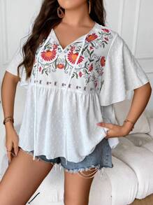 SHEIN Holidaya Plus Floral Print Tie Neck Butterfly Sleeve Peplum Blouse