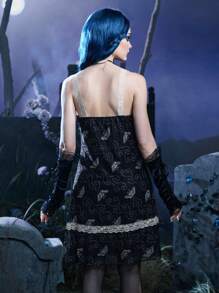 Corpse Bride | ROMWE Butterfly Print Contrast Lace Cami Dress - Black - View 2