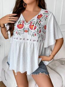 SHEIN Holidaya Plus Floral Print Tie Neck Butterfly Sleeve Peplum Blouse