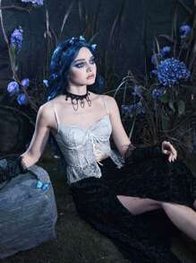 ROMWE Goth Áo khoác và áo lót dành cho xe tăng nữ Ren lên Viên lá sen màu trơn Gợi cảm - Màu Xám nhạt - Xem 7