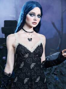 Corpse Bride | ROMWE Butterfly Print Contrast Lace Cami Dress - Black - View 4