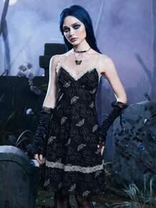 Corpse Bride | ROMWE Butterfly Print Contrast Lace Cami Dress - Black - View 5