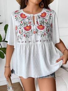 SHEIN Holidaya Plus Floral Print Tie Neck Butterfly Sleeve Peplum Blouse