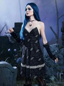 Corpse Bride | ROMWE Butterfly Print Contrast Lace Cami Dress - Black - View 6