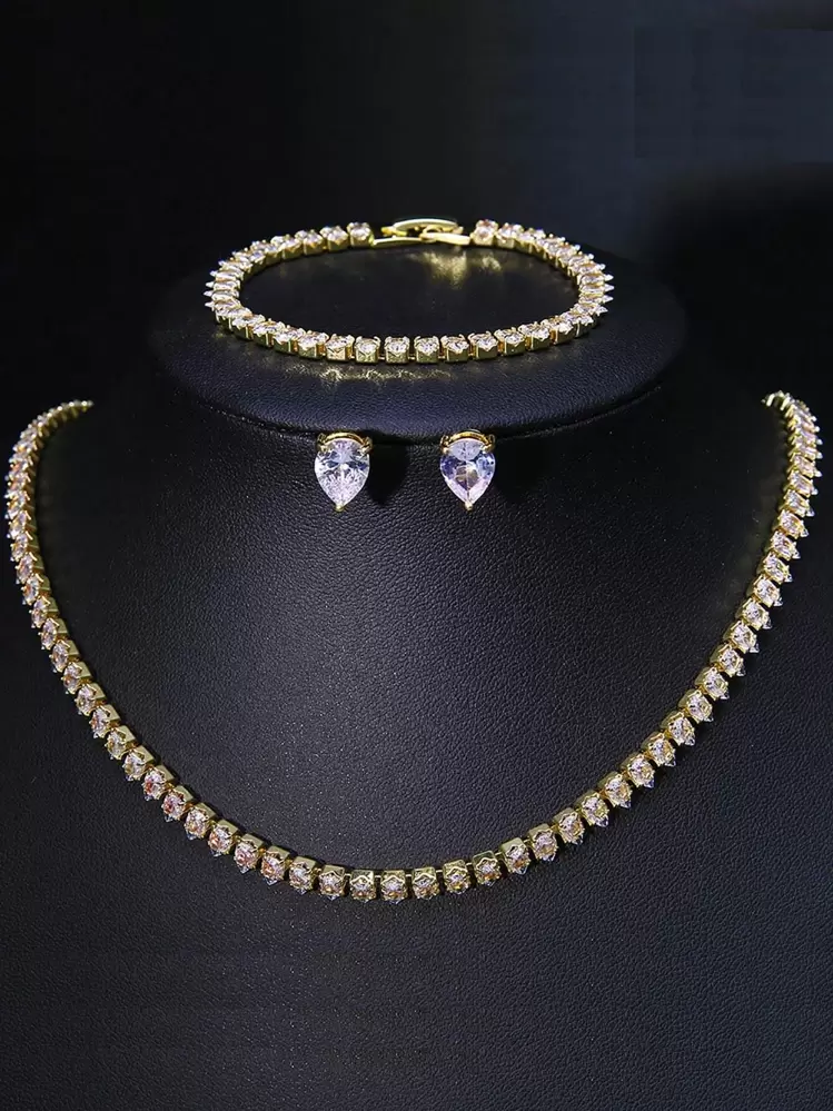 4 piezas/set Set joya lujo zirconia cúbica con diseño de gota de agua para mujeres para fiesta - Dorado - Añade 2