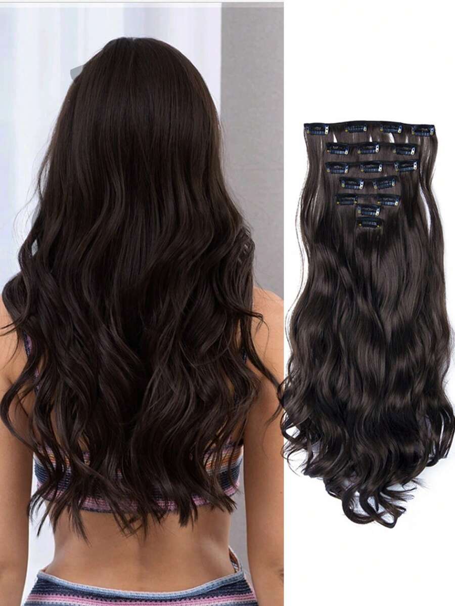7pcs Long Curly Synthetic Hair Extension - Brown - View 1