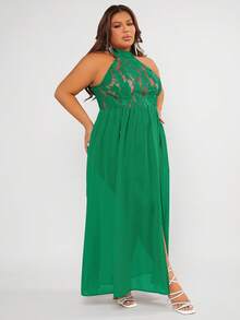 SHEIN SXY 大碼高衩繞頸上身蕾絲雪紡連衣裙 - 綠色 - 查看 3