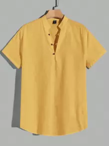 Manfinity RebelGame Loose Fit Men's Cotton Solid Button Front Shirt - Yellow - View 1