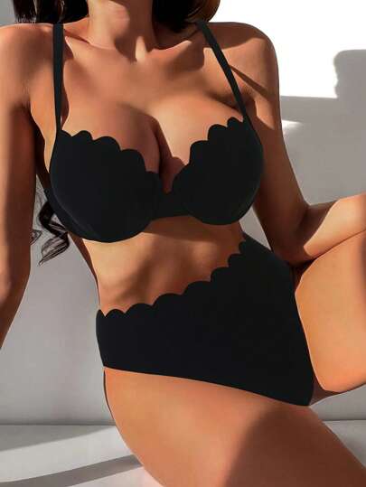 Ensemble Bikini d'été pour la plage avec push-up et bordure festonnée