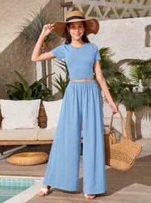 SHEIN Leap Crew Teen Girls Solid Crop Tee & Wide Leg Trousers - Baby Blue - View 1