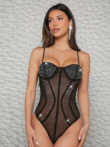 SHEIN Unity 性感水钻装饰透明网眼吊带紧身衣 - 黑色 - 查看 5