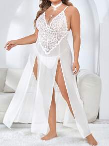 Plus Contrast Lace Mesh Slips With Thong - White - View 3