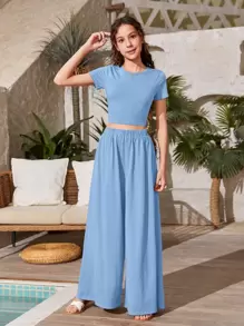 SHEIN Leap Crew Teen Girls Solid Crop Tee & Wide Leg Trousers - Baby Blue - View 3