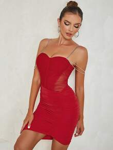 Đầm Tương phản Mesh Pha lê kim cương Xù Dây kéo màu trơn Thanh lịch - Đỏ - Xem 5