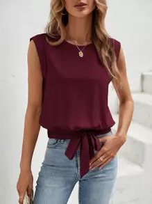 SHEIN LUNE Áo cánh không tay viền nút rắn, áo không tay - Màu Đỏ Sâu - Xem 3