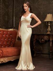 MUXXN 前收褶魚尾裙下擺緞面正式連衣裙 - 香檳色 - 查看 6