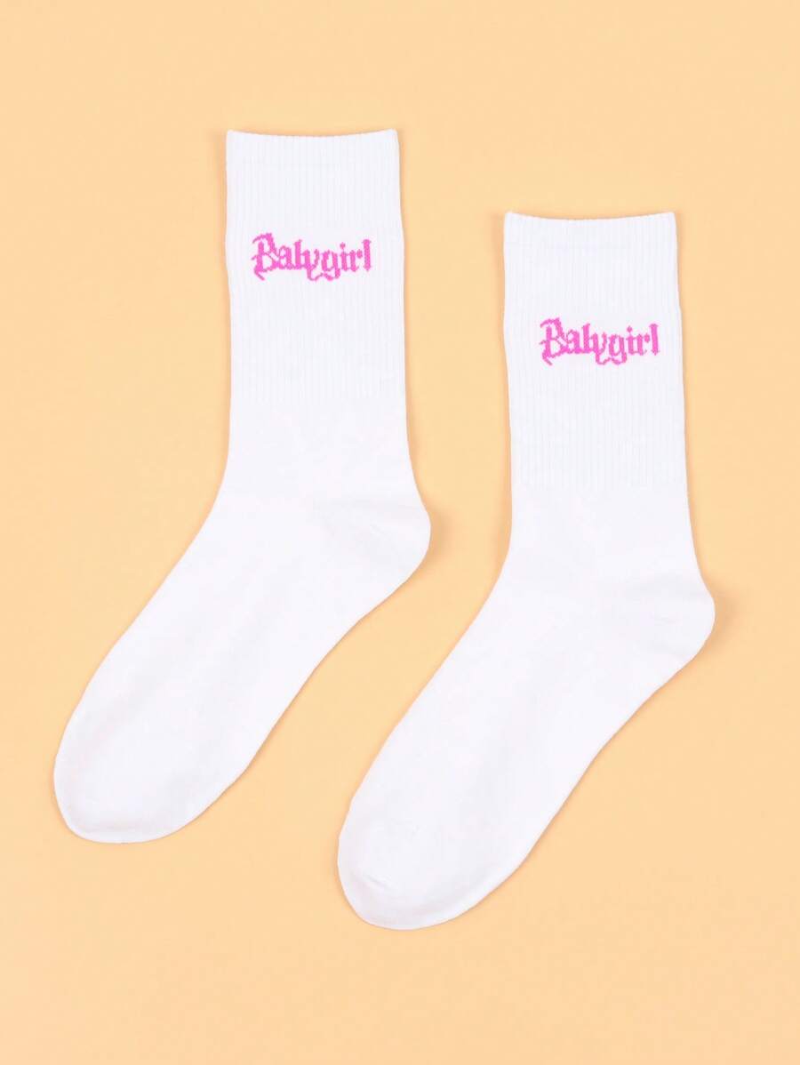 1 par de calcetines de tripulación con gráfico de letras de moda para mujeres, calcetines de otoño - Multicolor - Ver 1