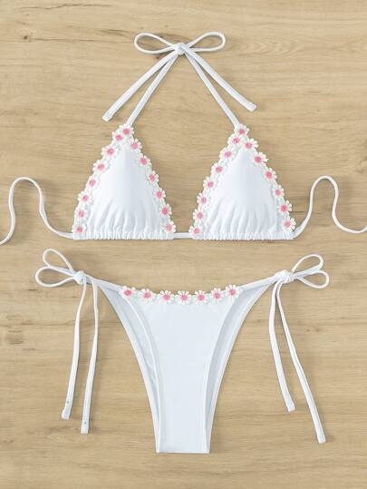 Appliques Triangle Tie Side Bikini Set