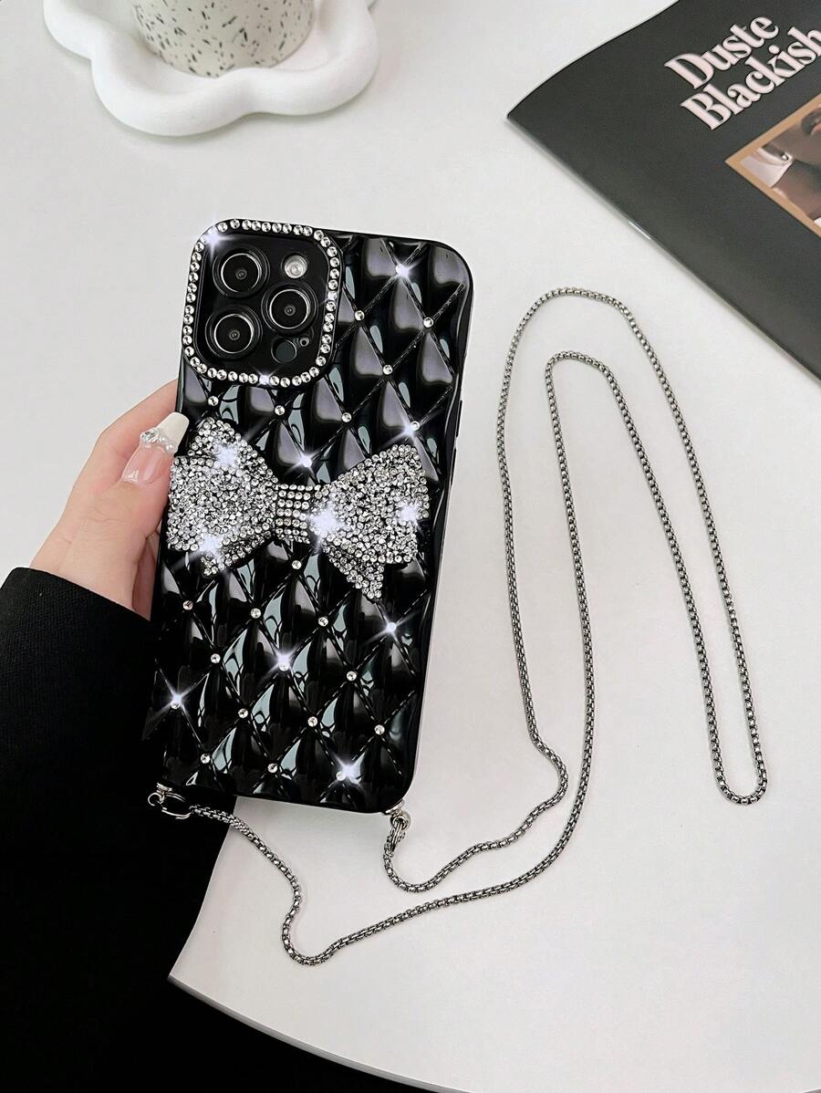 Vỏ điện thoại trang trí nơ rhinestone có dây buộc - Bạc - Xem 1