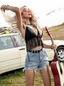 SHEIN LUNE Top de tirantes bajo con fleco - Negro - Ver 6