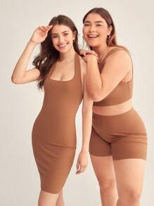 SHEIN BASICS Vestido De Punto Acanalado Sólido Ajustado Al Cuerpo - Marrón - Ver 7