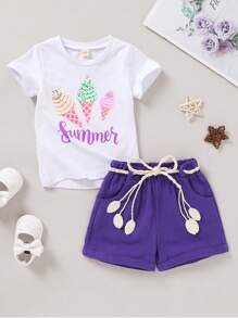 Niñas bebé: Camiseta de cuello redondo con estampado de sandía y letras, cómoda y casual, y shorts deportivos de cintura elástica sólida con cinturón trenzado, adecuado para salidas de verano, vacaciones y fiestas - Multicolor - Ver 3