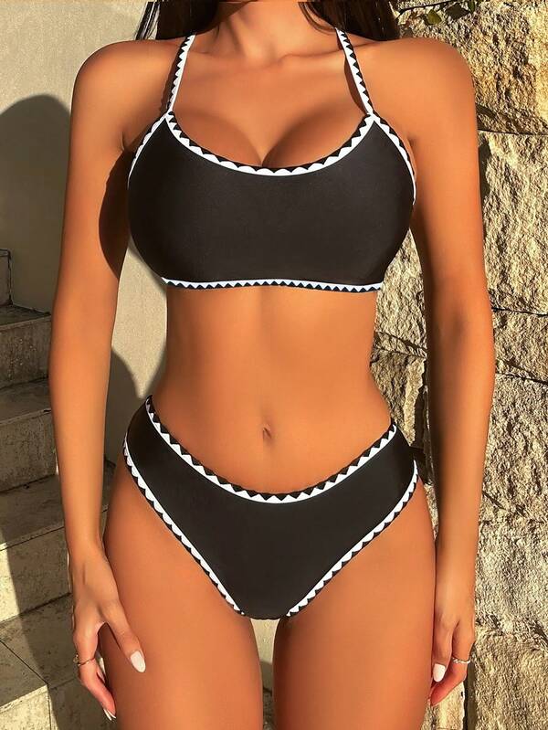 SHEIN Swim Vcay Contrast Chevron Tape Bikini Set Criss Cross Lace Up Back Top & Hipster Bottom 2