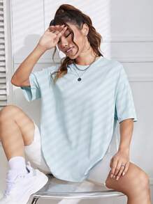 SHEIN EZwear Áo thun nữ màu trơn Giải trí - Màu xanh nhạt - Xem 3