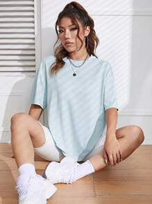 SHEIN EZwear Áo thun nữ màu trơn Giải trí - Màu xanh nhạt - Xem 6