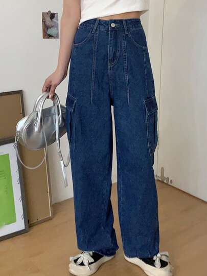 側翻蓋口袋工裝牛仔褲