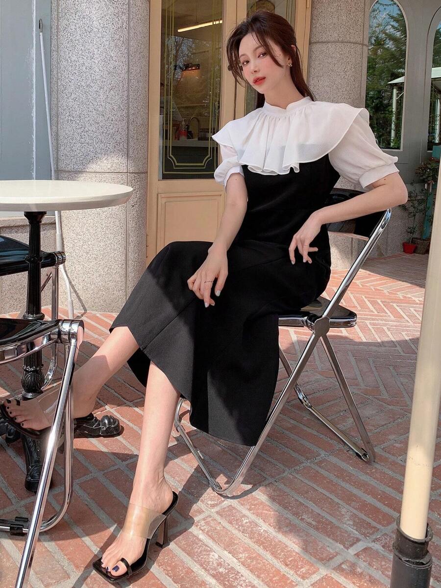 DAZY Vestido de color combinado ribete con fruncido bajo sirena sin cinturón - Blanco y Negro - Ver 1