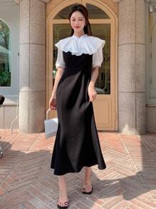 DAZY Vestido de color combinado ribete con fruncido bajo sirena sin cinturón - Blanco y Negro - Ver 4