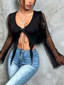 Grunge Contrast Mesh Flounce Sleeve Lace Up Front Crop Top - Black - View 3